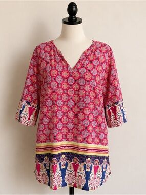 Pink Boho Border Print Cotton Shift Dress Large